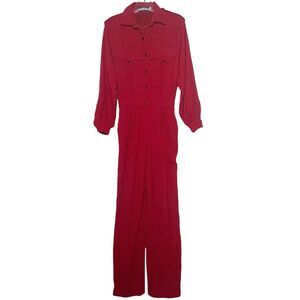 Escada Vintage Jumpsuit Size XS 36 Dark Red Wool Blend Epaulets Snaps Pockets